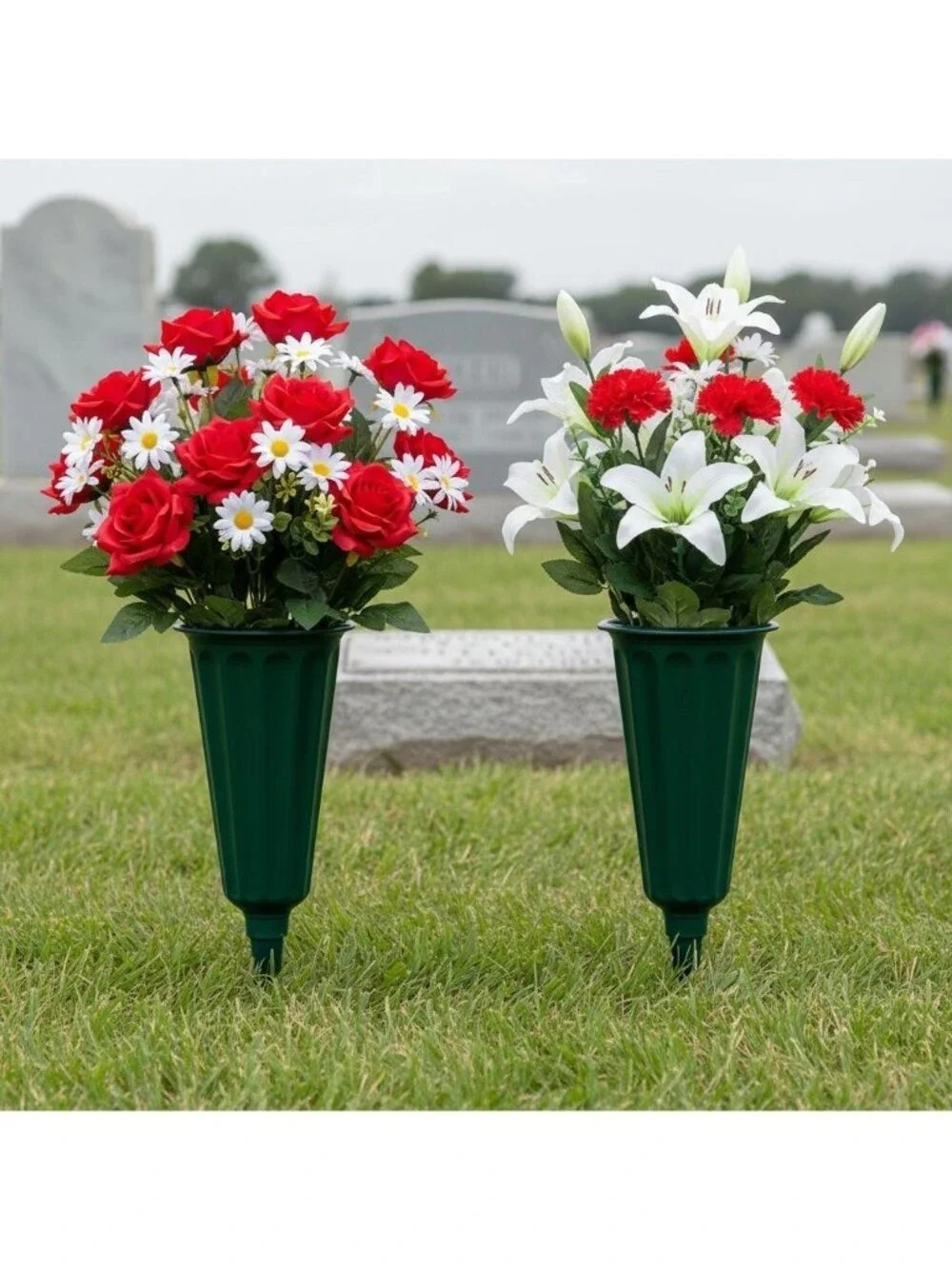 Green Cemetery Vase With Spike Set Of 2 Grave Flower Holder Memorial Vase Ground